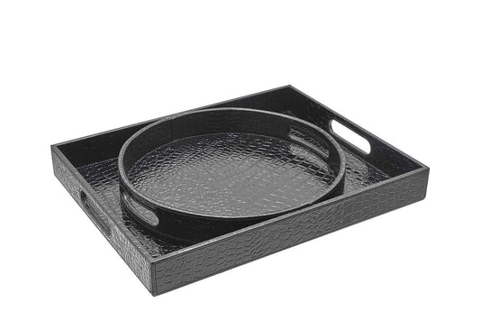 Shop here stunning black 18x14 set 2 1rectanlge 1 round glossy alligotor croc decorative ottoman coffee table kitchen counter serving trays with handles by decor trends for all occasions 2 2 black