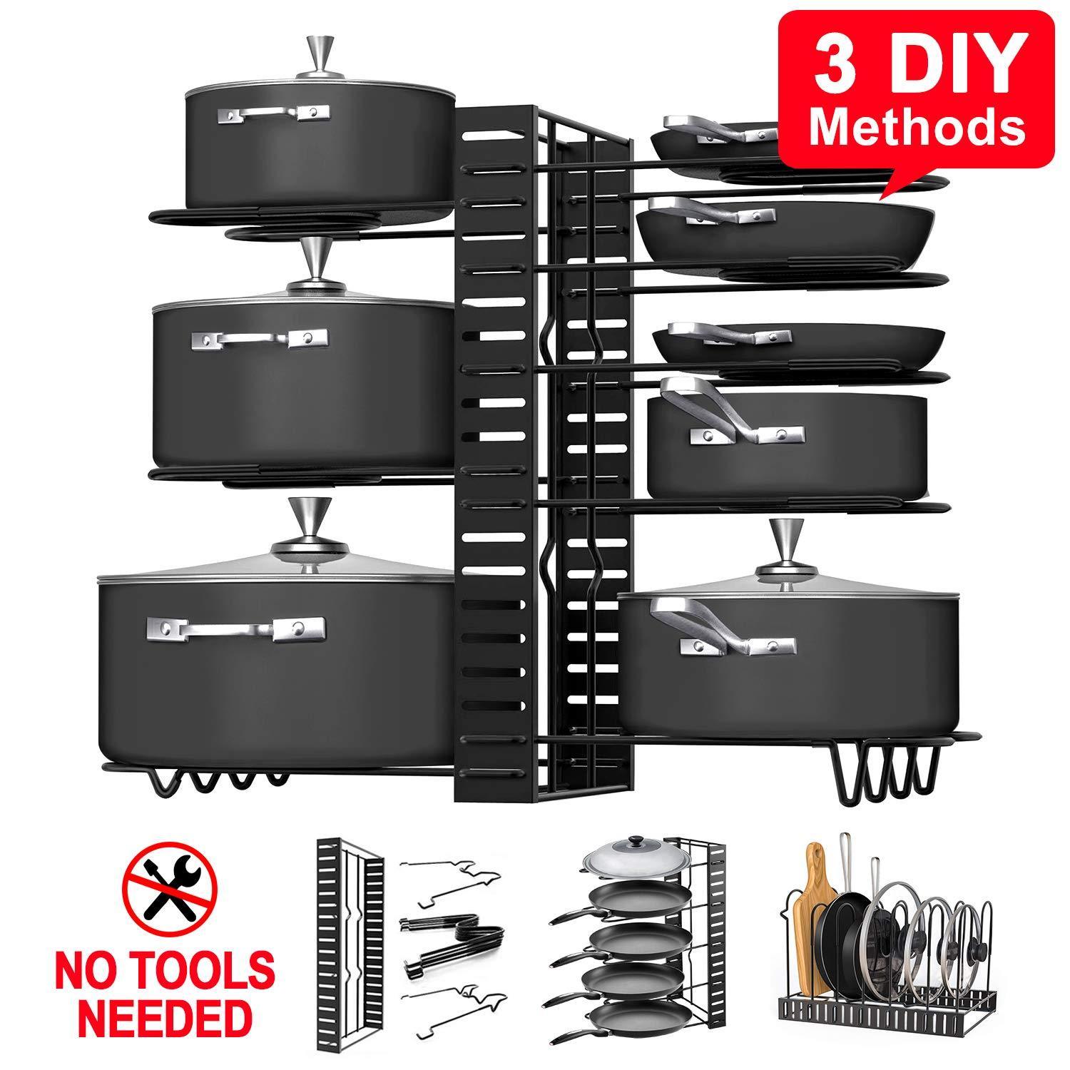 Get pot rack organizers g ting 8 tiers pots and pans organizer adjustable pot lid holders pan rack for kitchen counter and cabinet lid organizer for pots and pans with 3 diy methods2019 upgraded