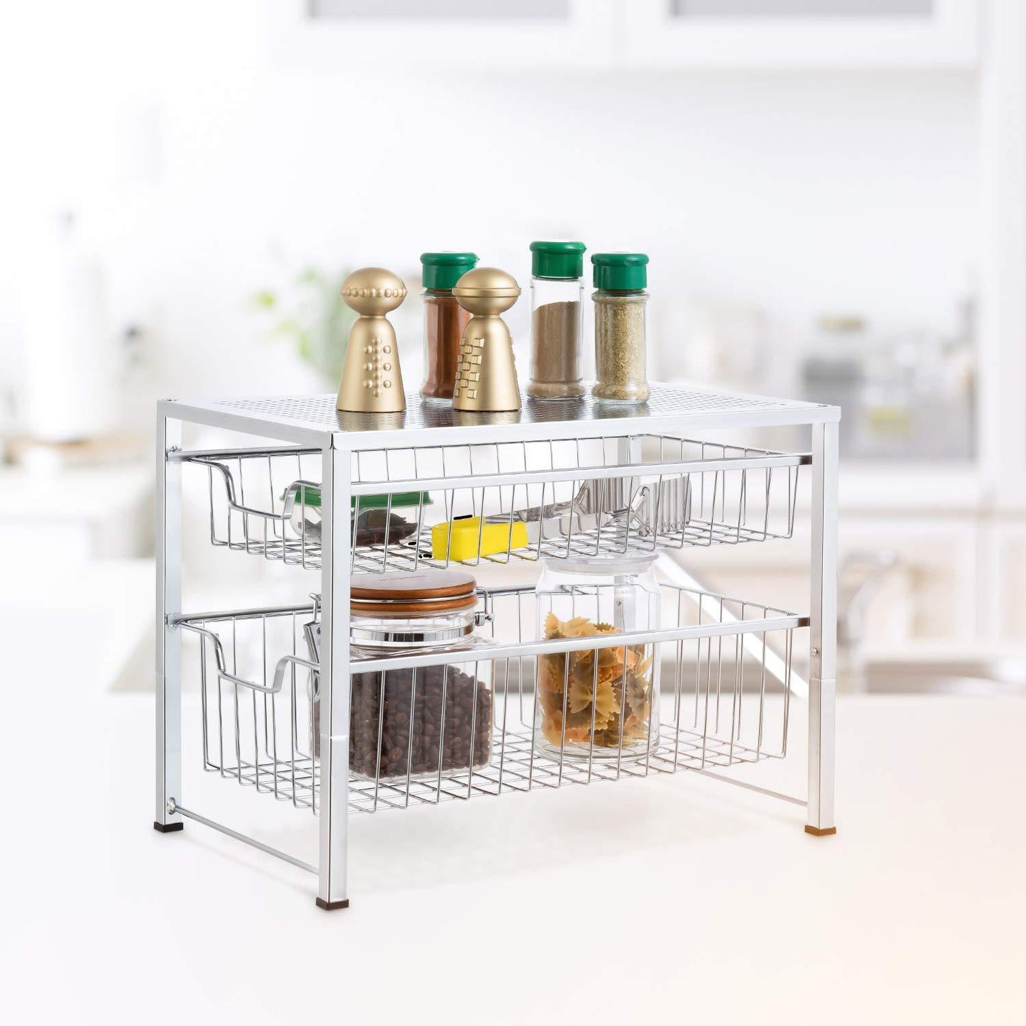 On amazon bextsware under sink cabinet organizer with 2 tier wire grid sliding drawer multi function stackable mesh storage organizer for kitchen counter desktop bathroomchrome