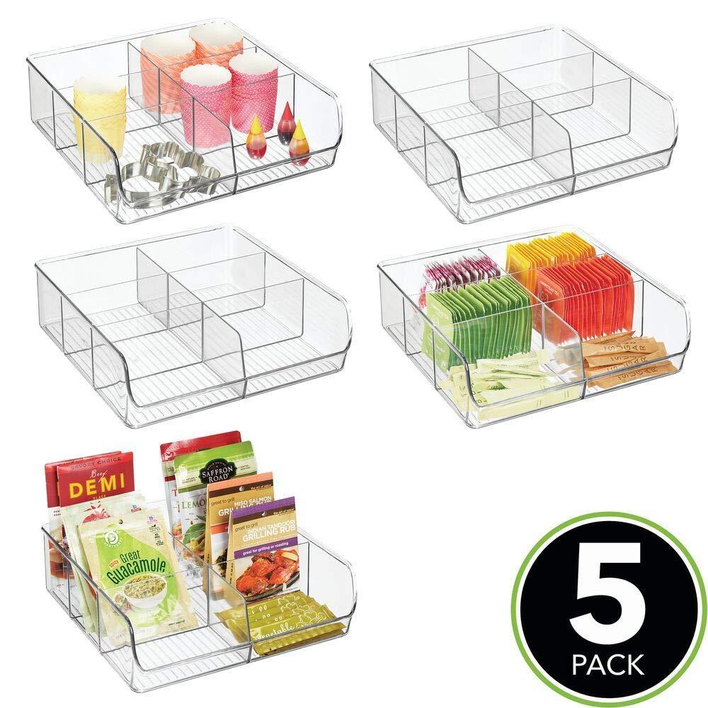 Storage mdesign plastic wide food storage organizer bin caddy for kitchen pantry cabinet countertop holds baking supplies spices pouches dressing mixes tea sugar packets 6 sections 5 pack clear