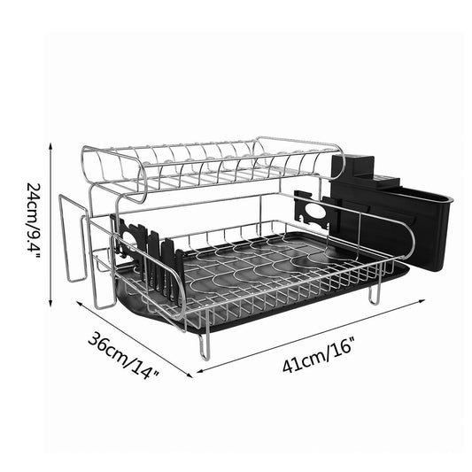 Professional Dish Drying Rack, 2 Tier 304 Stainless Steel Dish Rack with Drainboard, Microfiber Mat Kitchen Utensil Holder