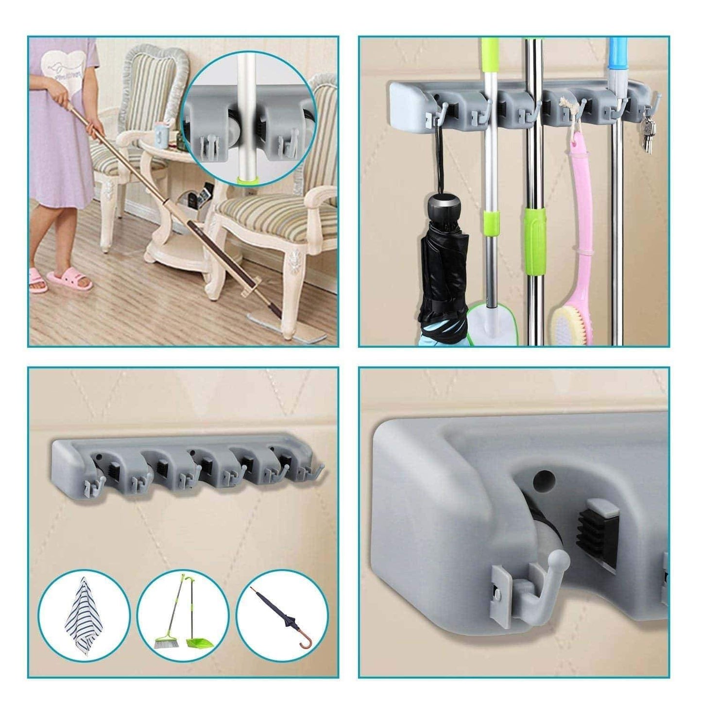 Budget shsycer mop and broom holder wall mounted garden storage rack 5 position with 6 hooks garage holds up to 11 tools for garage garden kitchen laundry offices