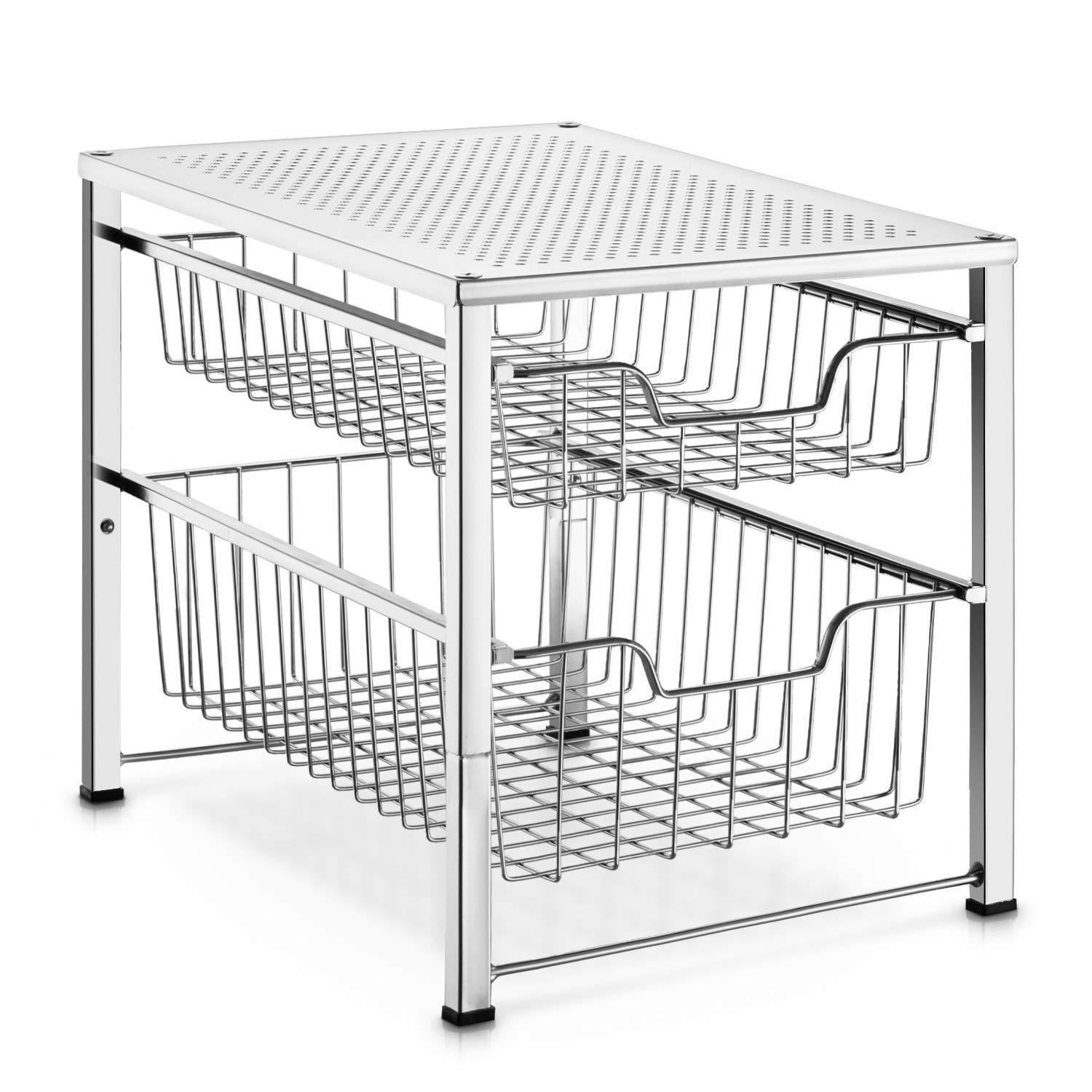 Organize with bextsware under sink cabinet organizer with 2 tier wire grid sliding drawer multi function stackable mesh storage organizer for kitchen counter desktop bathroomchrome