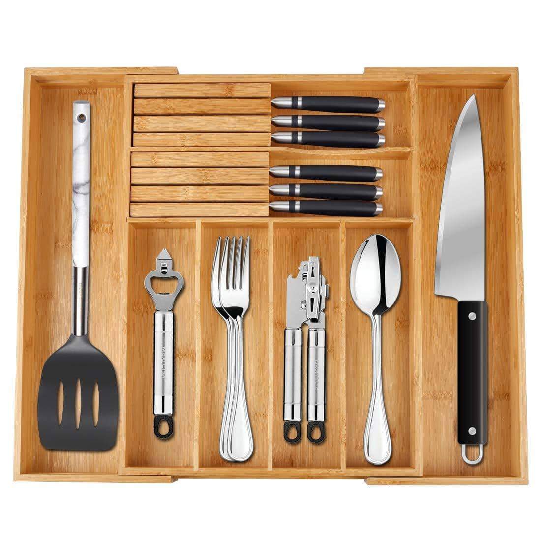 Best seller  utensil drawer organizer bamboo flatware organizer expandable kitchen silverware organizer cutlery tray with 2 removable knife blocks 8 compartments kitchen tray for utensil cutlery flatware silver