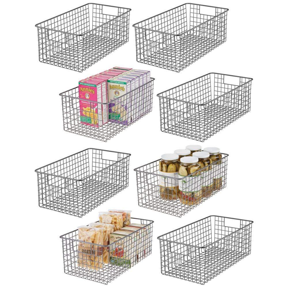 Heavy duty mdesign farmhouse decor metal wire food organizer storage bin basket with handles for kitchen cabinets pantry bathroom laundry room closets garage 16 x 9 x 6 in 8 pack graphite gray