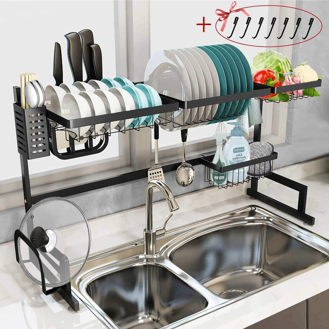 Dish Drying Rack Over the Sink - Tsmine Large Dish Drainers for Kitchen Counter,Stainless Steel Drain Bowl Dish Rack Kitchen Supplies Storage Shelf Utensils Holder with 7 Utility Holder Hooks