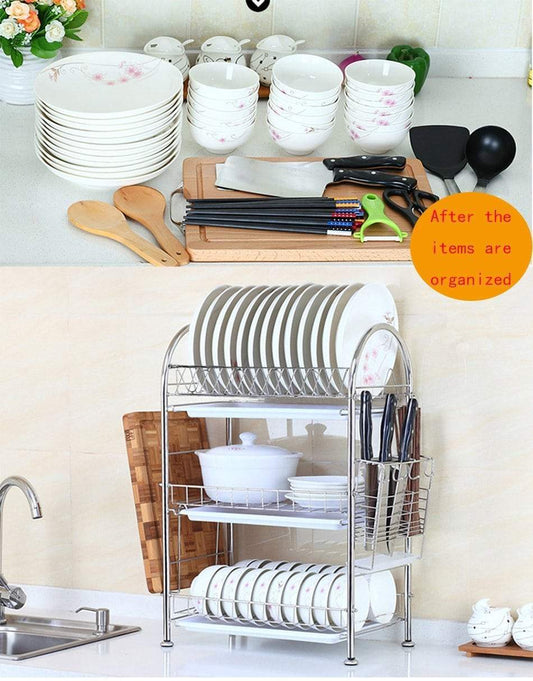 3-Tier Dish Drying Rack Dish Drainer Kitchen Storage Organization Shlef, Stainless Steel, GEYUEYA Home