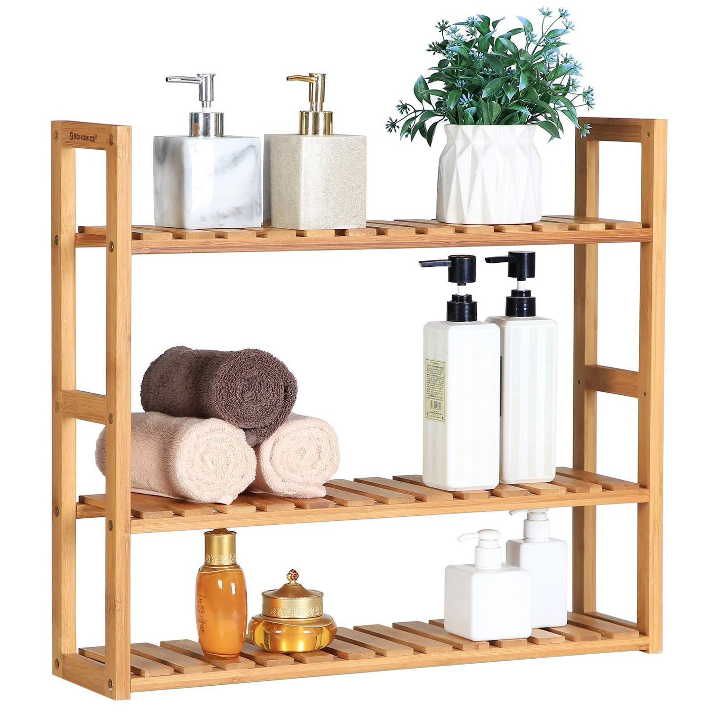 Cheap songmics bamboo bathroom shelves 3 tier adjustable layer rack bathroom towel shelf utility storage shelf rack wall mounted organizer shelf for bathroom kitchen living room holder natural ubcb13y