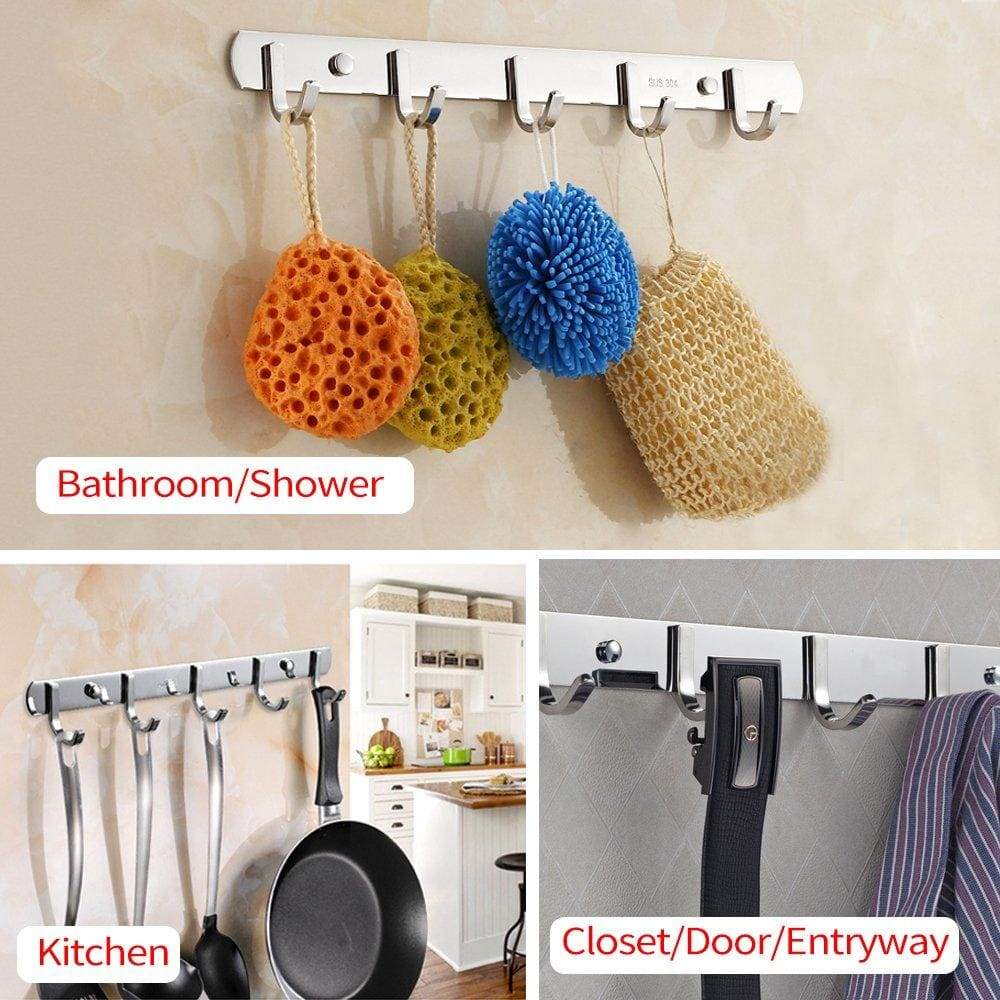 Organize with tiang hook rail coat rack with 5 hooks wall mounted adhesive satin finish hook rack hanger set of 2 15 inch stainless steel hook rack organizer for hat clothes bathroom towels closet door kitchen