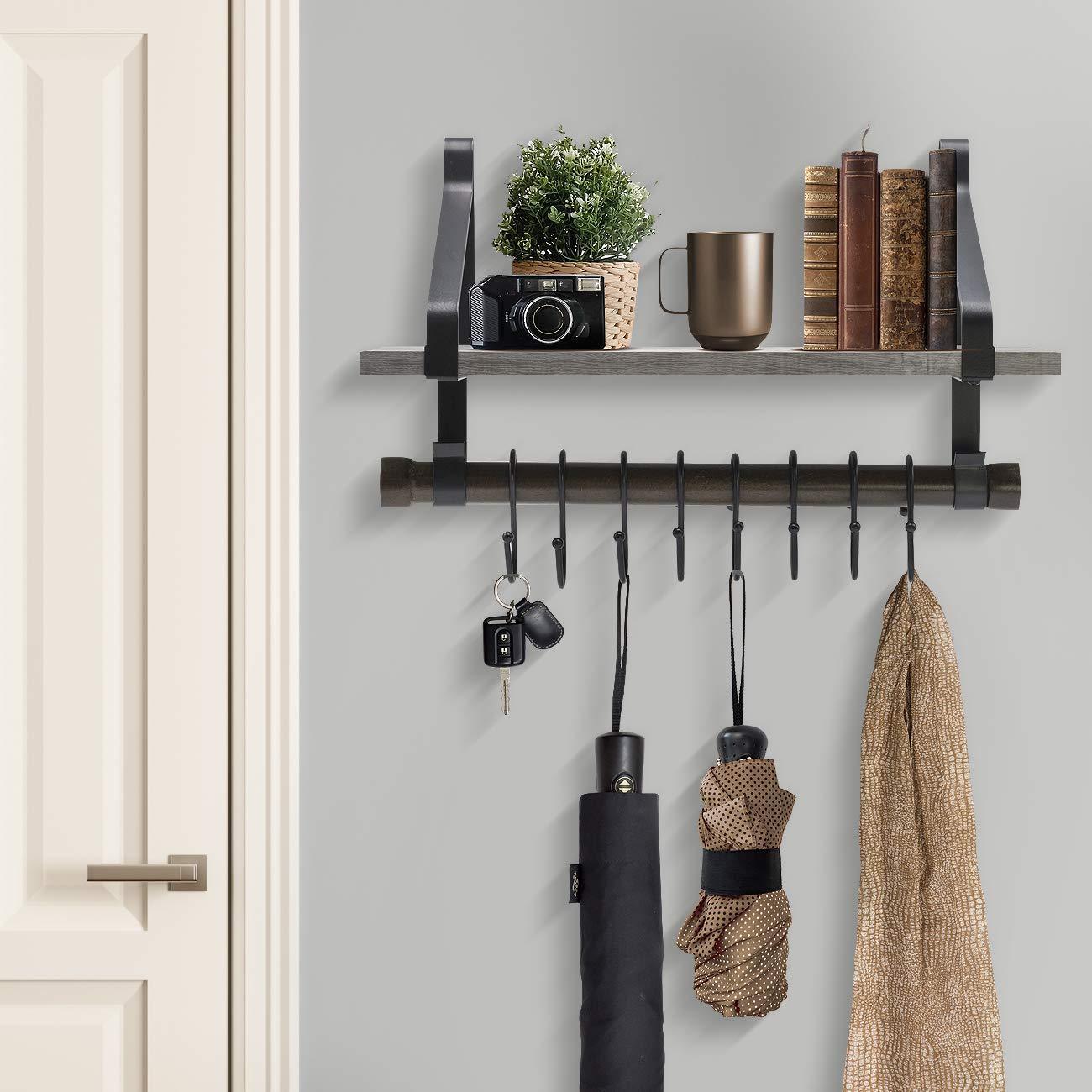Buy now sorbus wall shelf with hooks rustic wood rack with towel bar and 8 removable hooks for wall mounted storage organization in kitchen bathroom hallway etc wall shelf grey