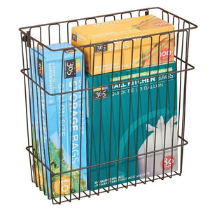 Home mdesign metal wire wall mount kitchen storage organizer basket trash can for cabinet and pantry doors holds bags tin foil wax paper saran wrap solid steel bronze
