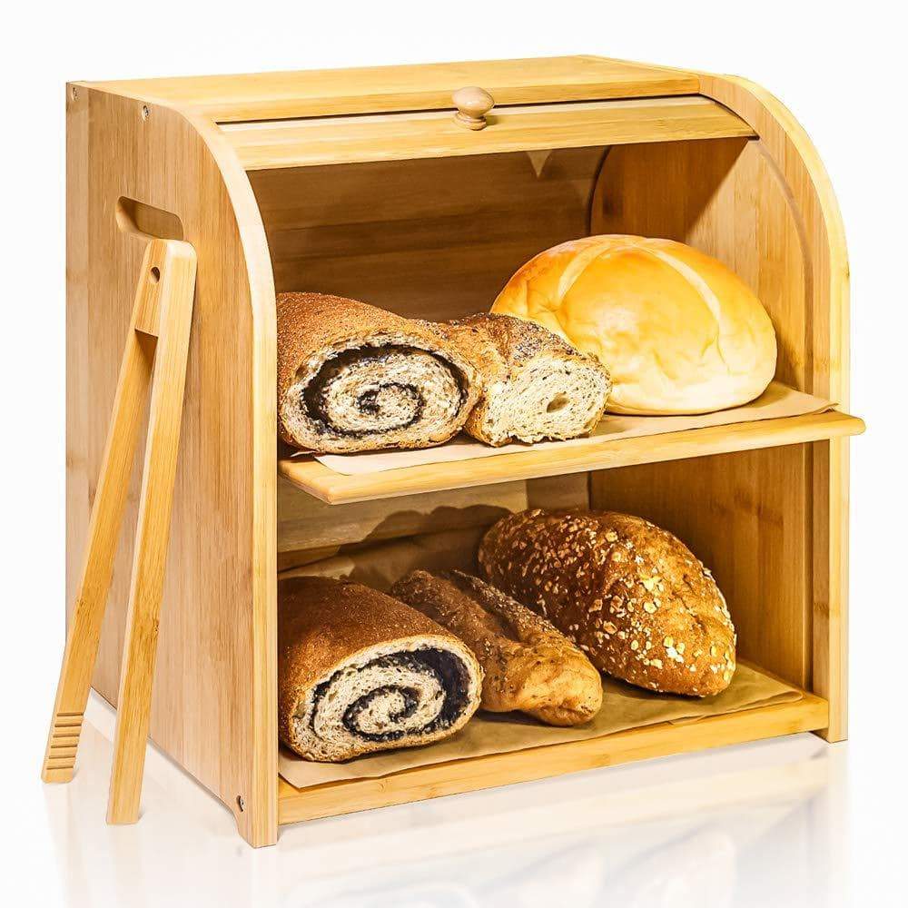 Exclusive bamboo bread box finew 2 layer rolltop bread bin for kitchen large capacity wooden bread storage holder countertop bread keeper with toaster tong 15 x 9 8 x 14 5 self assembly