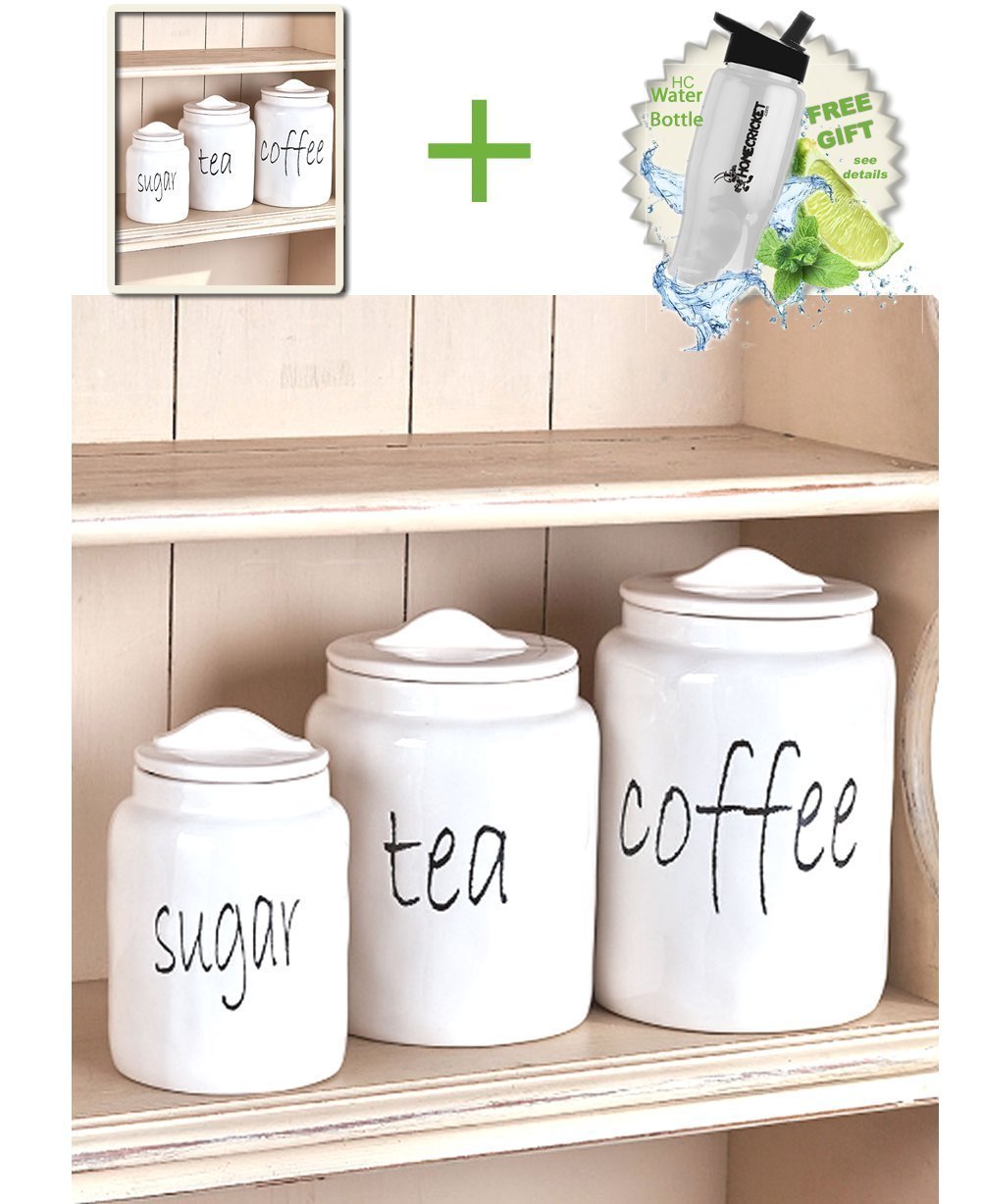 Save gift included white farmhouse kitchen countertop sugar tea coffee canister set free bonus water bottle by home cricket homecricket