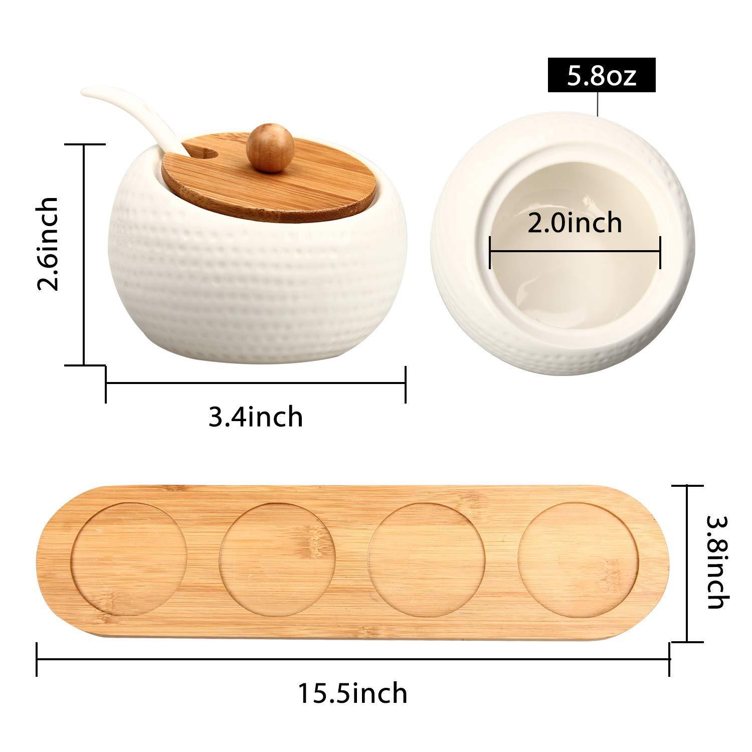 Kitchen ruckae ceramic condiment jar spice container with bamboo lid porcelain spoon wooden tray set of 4 white 170ml5 8 oz perfect spice storage for home kitchen counter