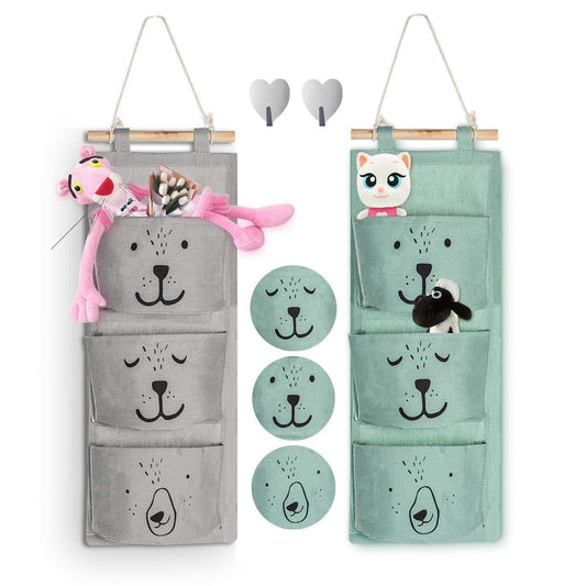 Save aitsite 2 pcs wall hanging storage bag cartoon over the door closet organizer linen fabric organizer with 3 semicircular pockets for bedroom bathroom kitchen cyan grey