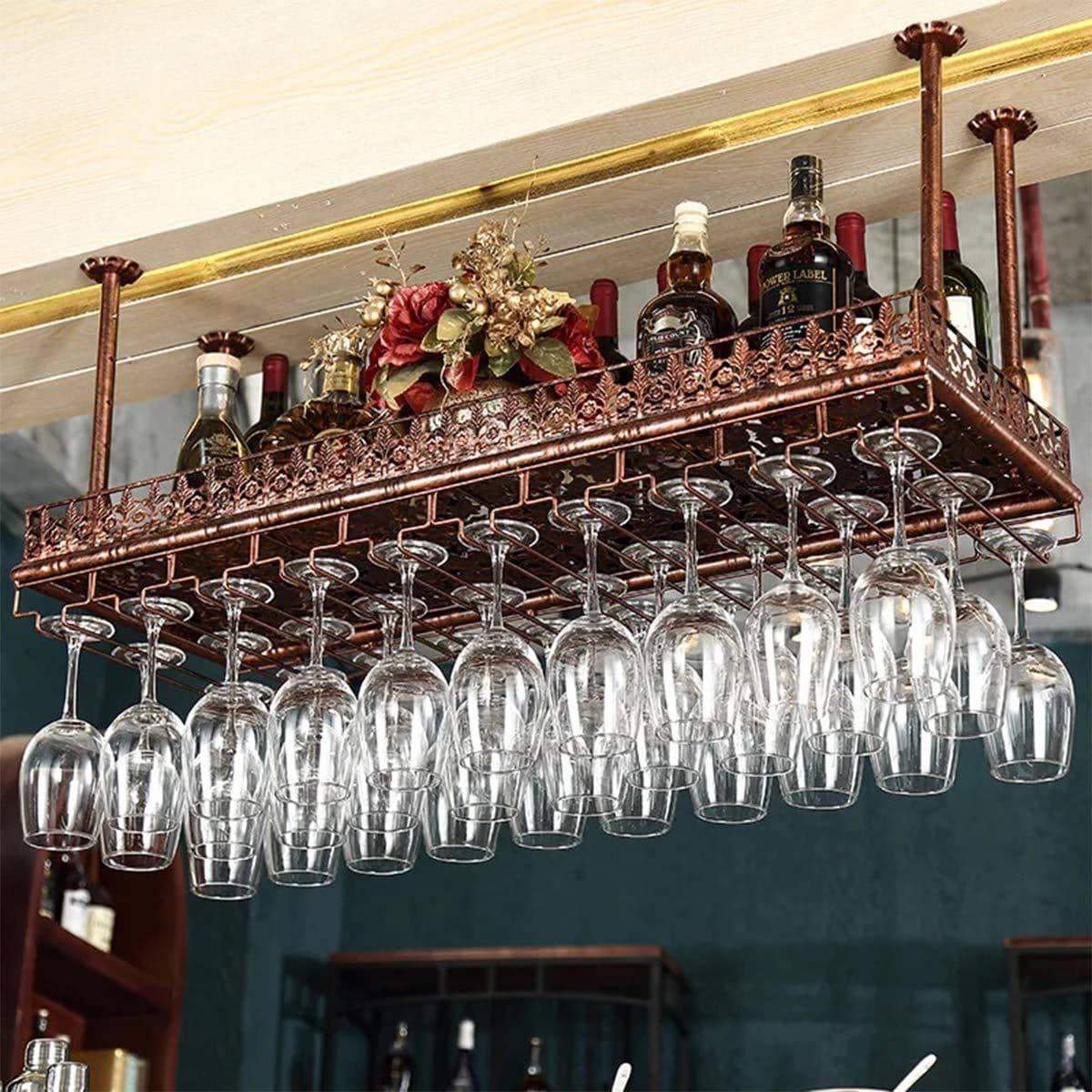 Buy warm van industrial vintage metal bar wine glass hanging rack retro upside down stemware goblet wine glass holder tableware bottle floating shelf for home kitchen bronze 47 2l
