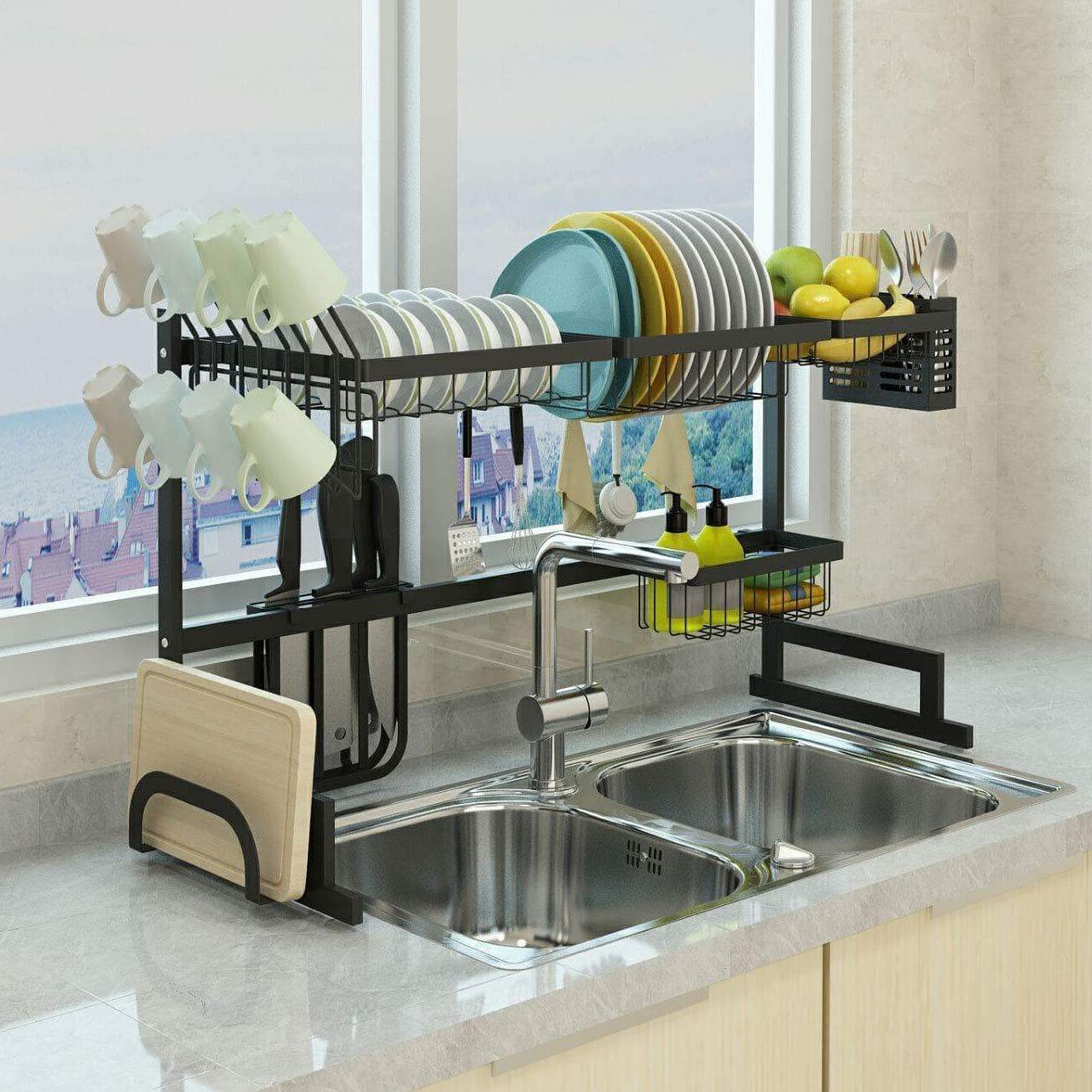 Dish Drying Rack Over Sink Display Stand Drainer Stainless Steel Kitchen Supplies Storage Shelf Utensils Holder Kitchen Supplies Storage Rack 85cm (Black)