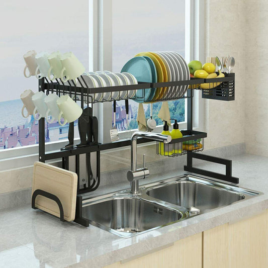 Dish Drying Rack Over Sink Display Stand Drainer Stainless Steel Kitchen Supplies Storage Shelf Utensils Holder Kitchen Supplies Storage Rack 85cm (Black)