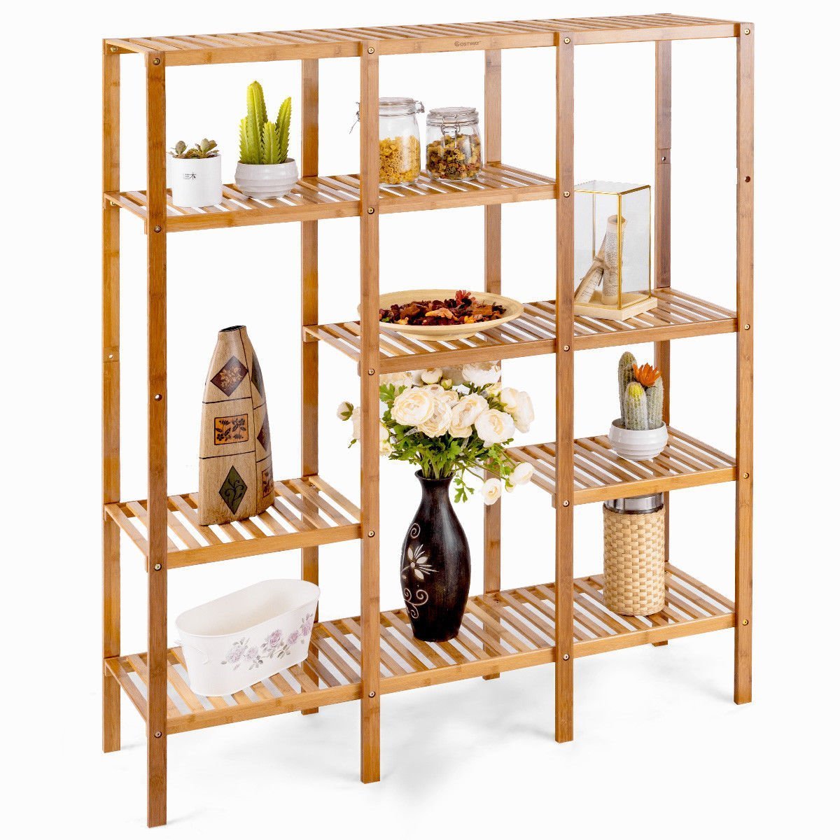 Heavy duty autentico 5 tiers design multifunctional bamboo shelf storage organizer plant rack display stand solid construction waterproof moistureproof perfect for bathroom balcony kitchen indoor outdoor use