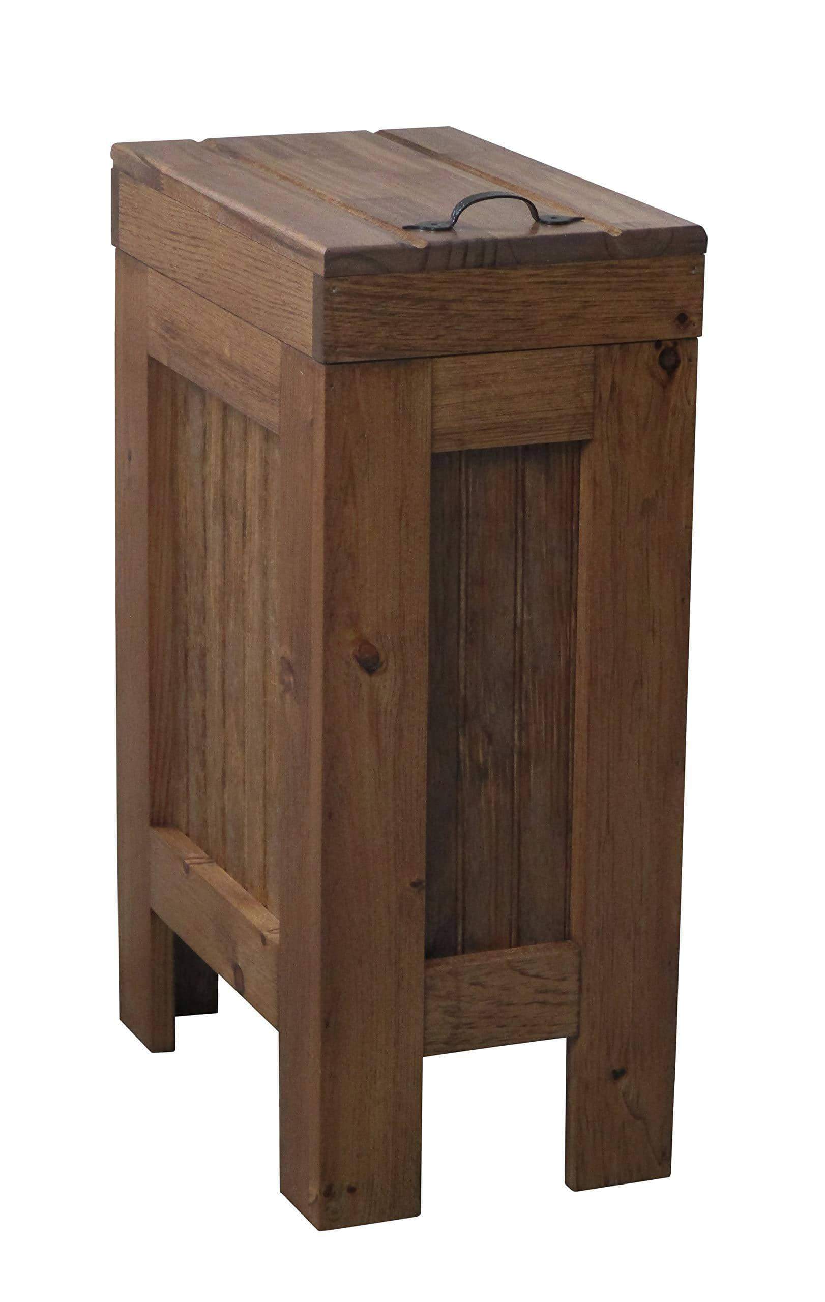 Exclusive wood wooden trash bin kitchen garbage can 13 gallon recycle bin dog food storage early american stain rustic pine metal handle handmade in usa by buffalowoodshop