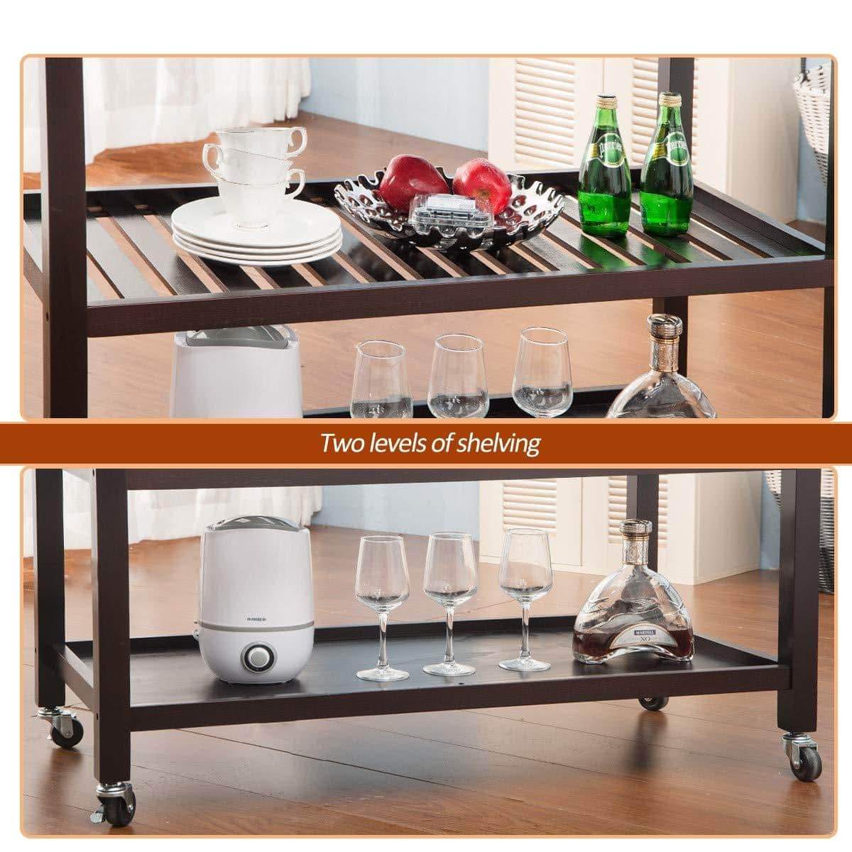 On amazon lz leisure zone rolling kitchen island serving cart wood trolley w countertop 2 drawers 2 shelves and lockable wheels dark brown