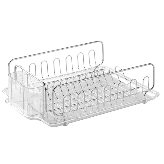 InterDesign Forma Lupe Kitchen Large Capacity Dish Drainer Rack with Drip Tray for Drying Glasses, Silverware, Cookware, Plates – Pack of 4, Stainless Steel/Clear