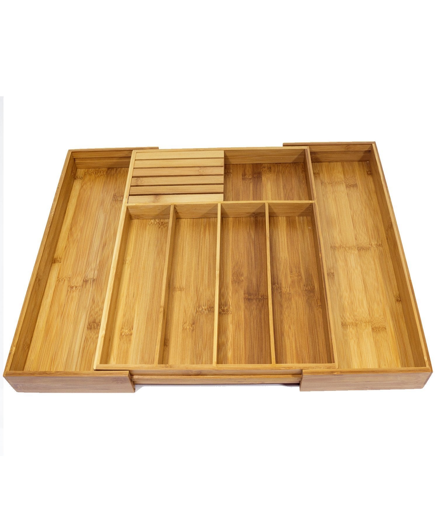 Top rated expandable bamboo kitchen drawer organizer w built in solid bamboo knife block 100 eco friendly adjustable bamboo kitchen utensil cutlery tray