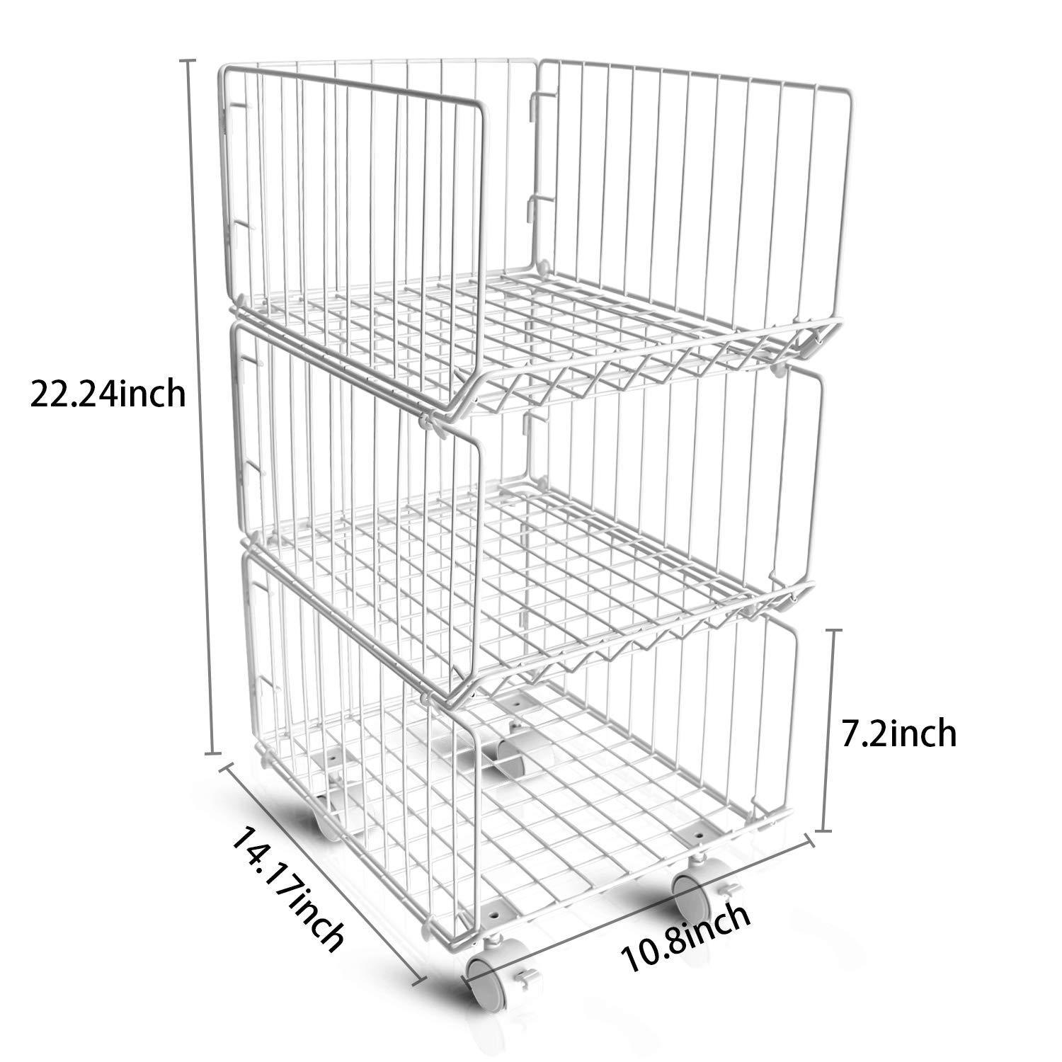 Exclusive pup joint metal wire baskets 3 tiers foldable stackable rolling baskets utility shelf unit storage organizer bin with wheels for kitchen pantry closets bedrooms bathrooms