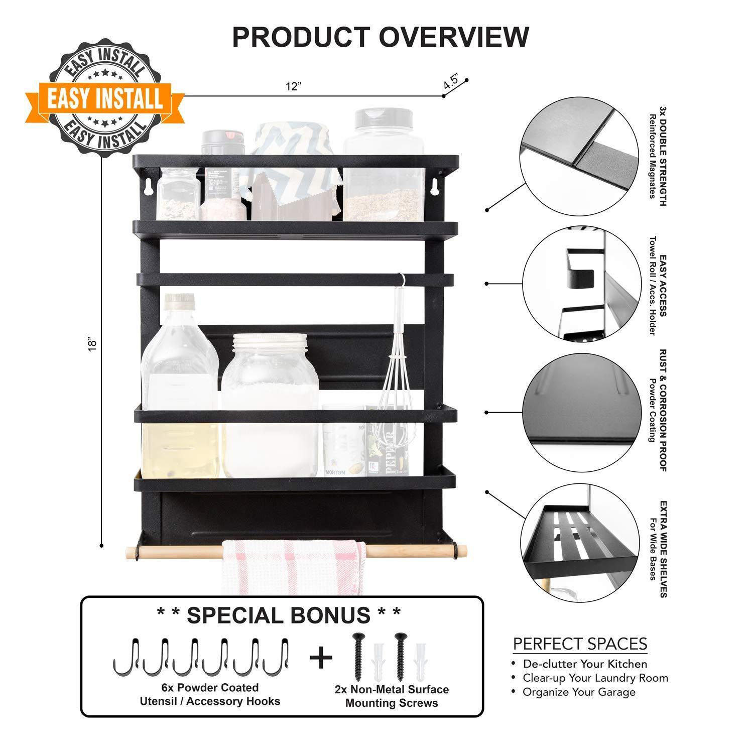 Online shopping magnetic fridge spice rack organizer large with 6 utility hooks 4 tier mounted storage paper towel roll holder multi use kitchen rack shelves pantry wall laundry room garage matte black