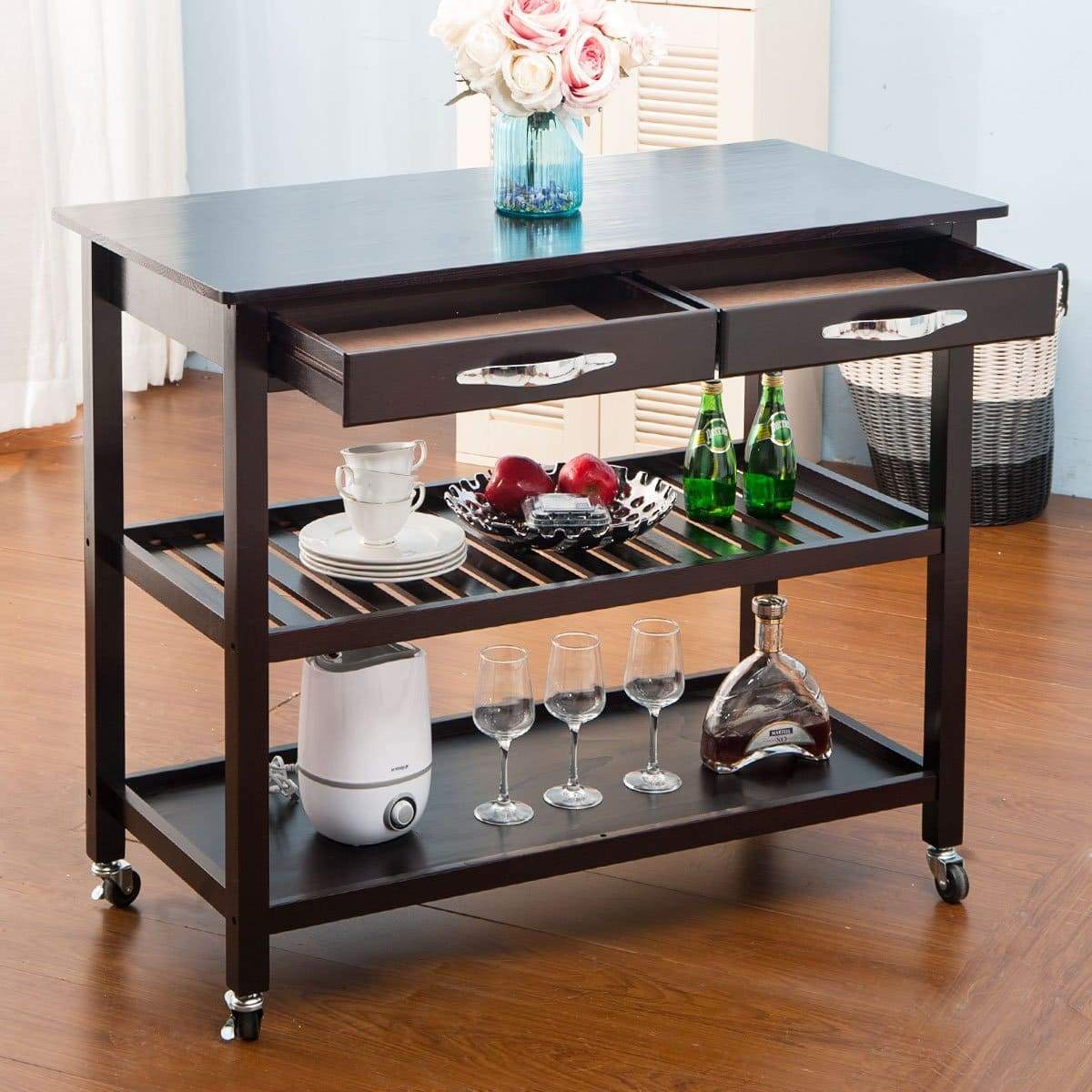 Kitchen lz leisure zone rolling kitchen island serving cart wood trolley w countertop 2 drawers 2 shelves and lockable wheels dark brown