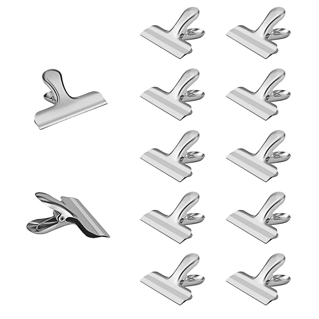 New peritum set of 12 durable stainless steel chip bag clips with reusable storage container 3 inch wide heavy duty all purpose air tight seal grip for kitchen office home usage