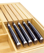 Top expandable bamboo kitchen drawer organizer w built in solid bamboo knife block 100 eco friendly adjustable bamboo kitchen utensil cutlery tray