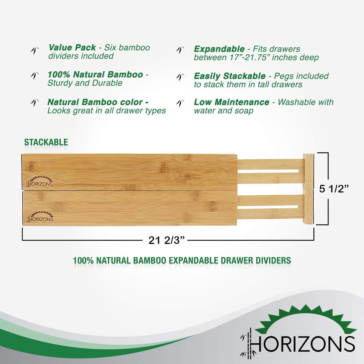 Discover the best horizons adjustable stackable 100 eco friendly bamboo drawers set of 6 kitchen drawer desk dresser bathroom divide organize