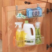 Organize with mdesign metal farmhouse over cabinet kitchen storage organizer holder or basket hang over cabinet doors in kitchen pantry holds dish soap window cleaner sponges satin