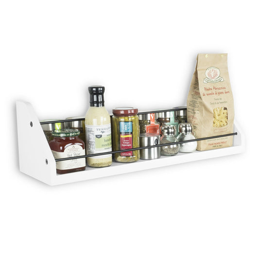 Storage organizer kitchen white wall shelf with black metal section railing great for spice dressing jar display organizer storage rack each shelf is 24 inch