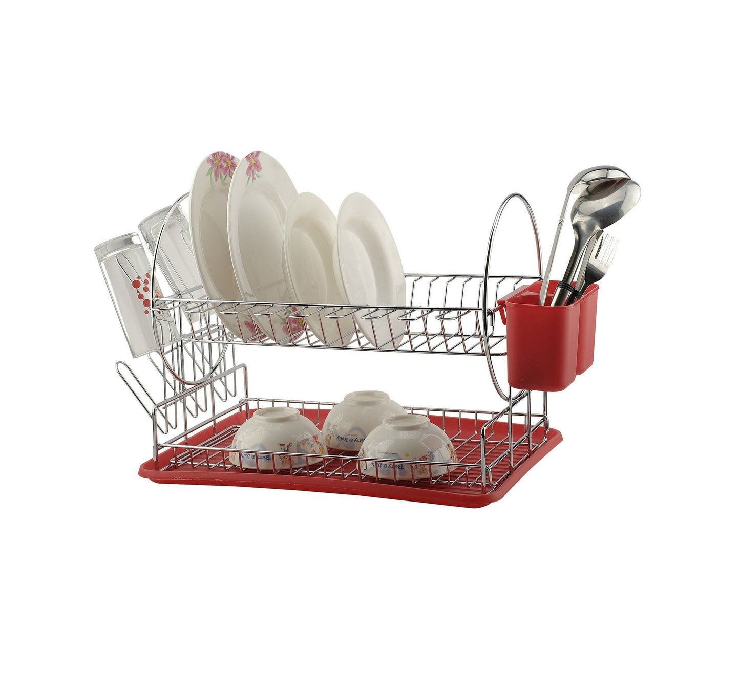 2 Tier Dish Drainer Drying Rack with Utensil Holder and Drain Board