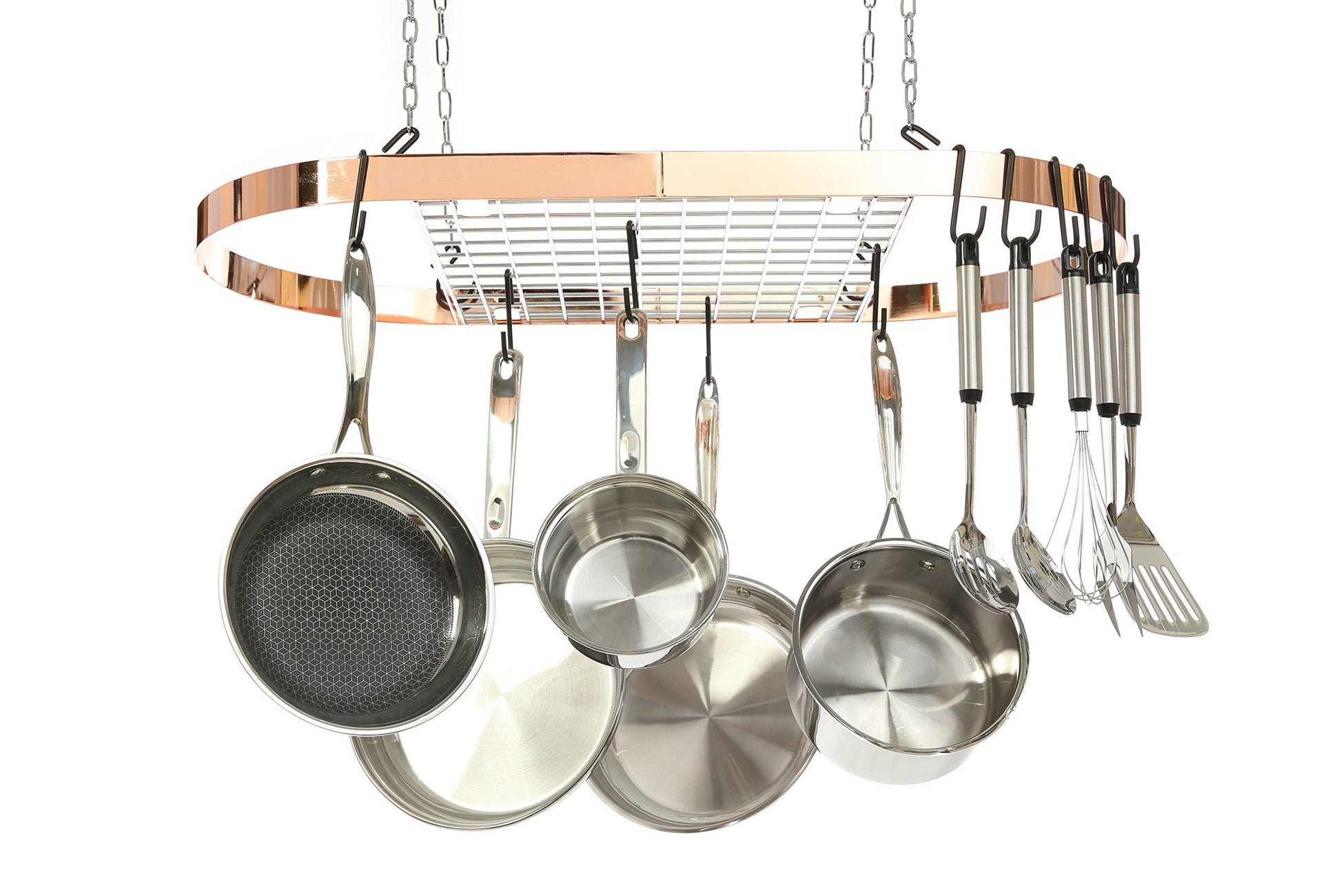Discover kinetic pot and pan rack with ceiling hooks premium oval mounted oragnizer rack with multi purpose kitchen organization and storage for home restaurant cookware utensils hanging metallic copper