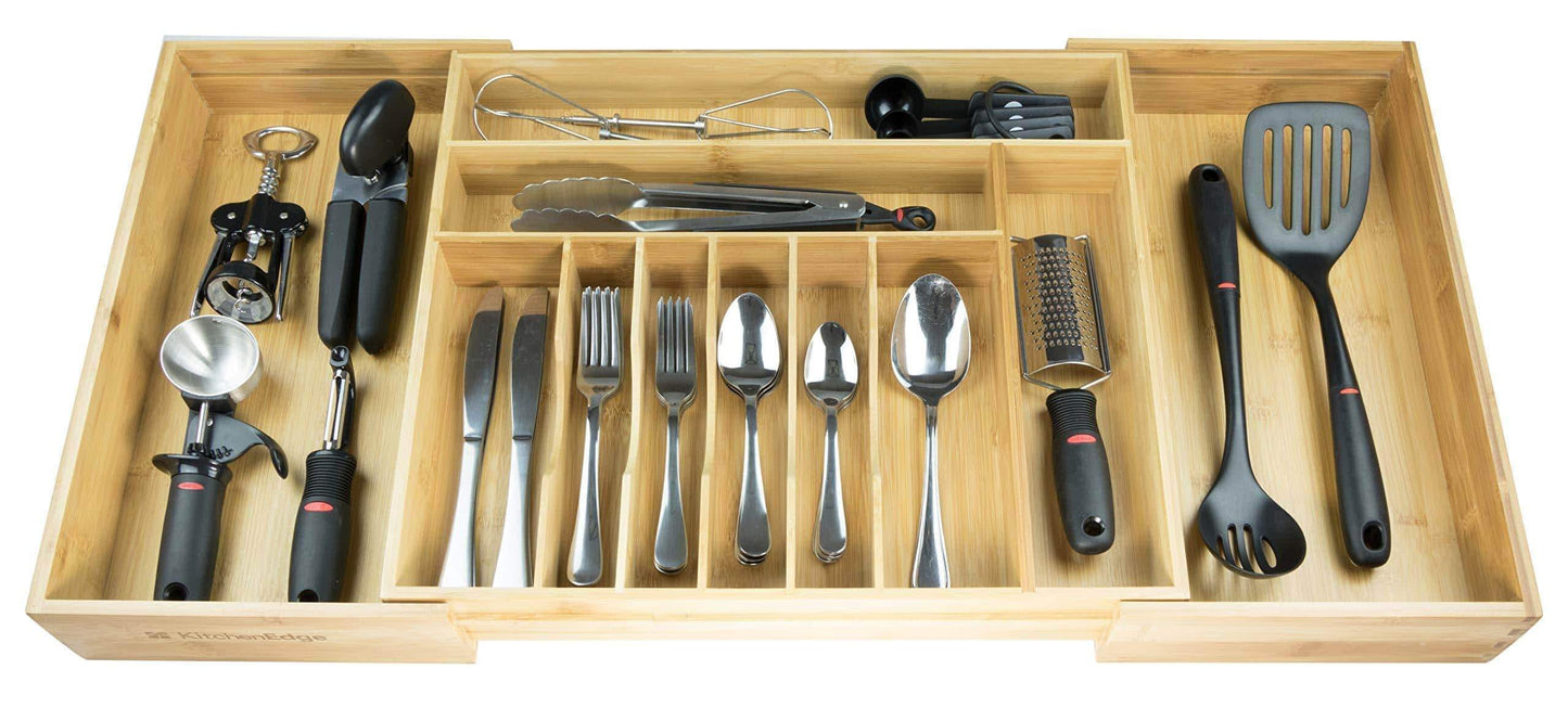 Heavy duty kitchenedge premium silverware flatware and utensil organizer for kitchen drawers expandable to 33 inches wide 11 compartments 100 bamboo