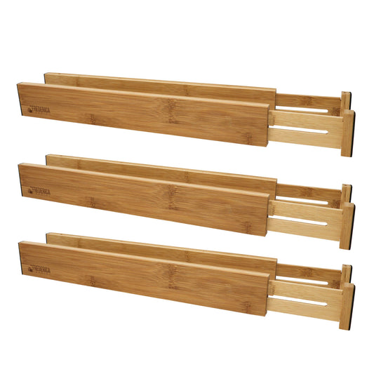 Storage bamboo adjustable drawer divider organizers spring loaded stackable perfect for kitchen utensils silverware knife drawer dividers desk bathroom and dresser drawer organization 6 pack