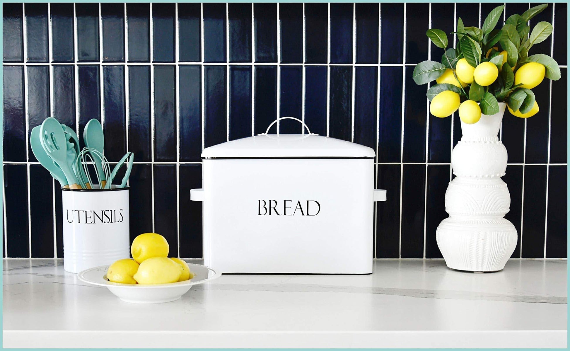 Products outshine vintage metal bread bin countertop space saving extra large high capacity bread storage box for your kitchen holds 2 loaves 13 x 10 x 7 white with bread lettering