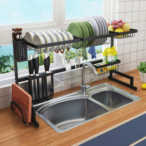 Over the Sink Dish Drying Rack - 2 Tier Large 18/8 Stainless Steel Drainer Display Shelf,Kitchen Supplies Storage Accessories Countertop Space Saver Stand Tableware Organizer with Utensil Holder