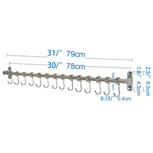 Explore webi kitchen sliding hooks solid stainless steel hanging rack rail with 14 utensil removable s hooks for towel pot pan spoon loofah bathrobe wall mounted 2 packs