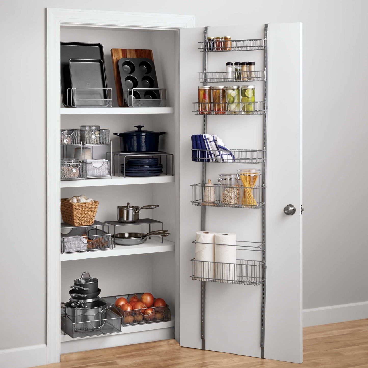 Discover the best premium over the door steel frame kitchen pantry and bath room organizer in satin nickel adjustable shelf system made of solid steel hung or door mounted option