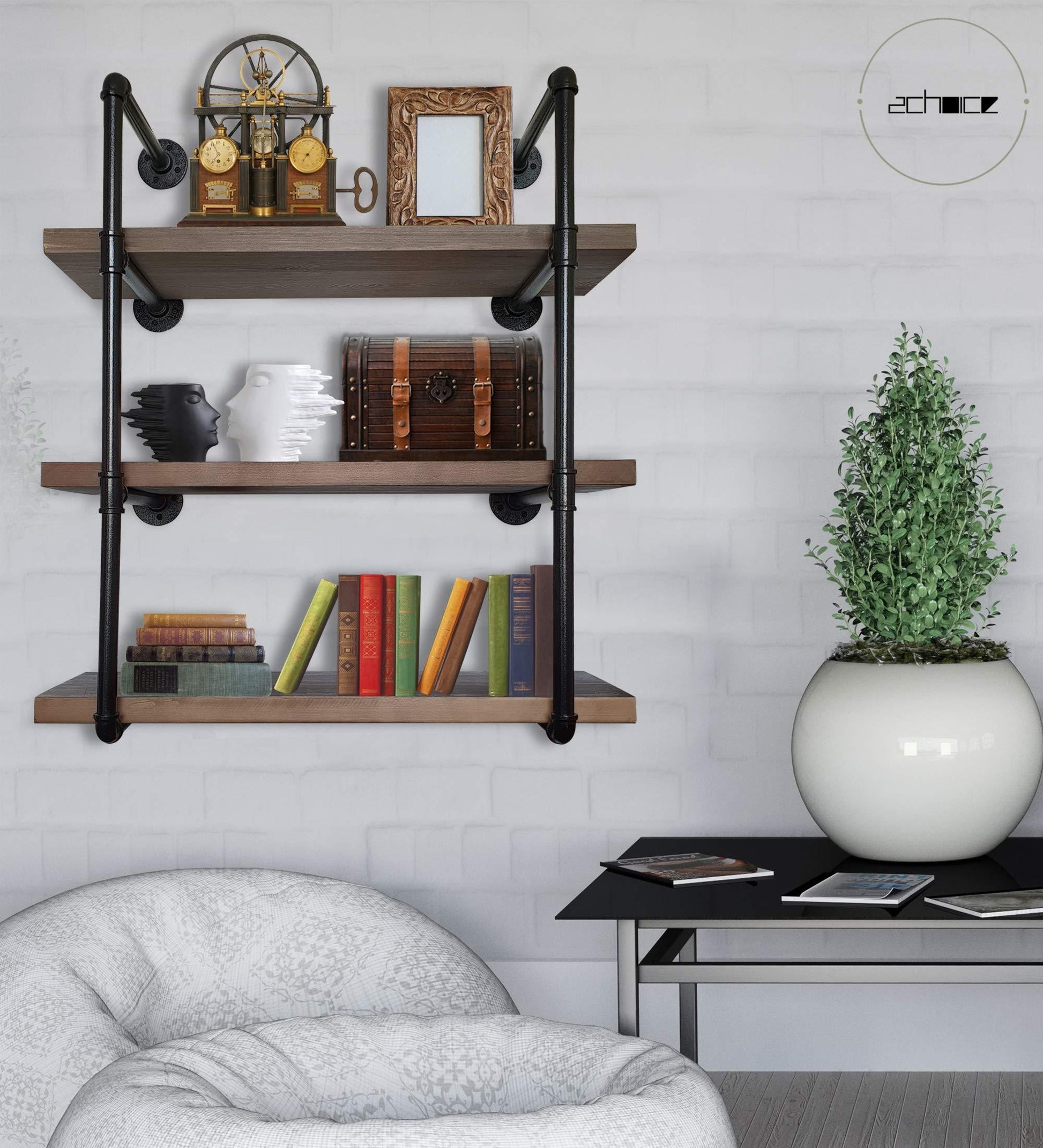 Home 2choice industrial pipe shelving rustic shelves solid canadian wood vintage sleek pipe shelves for floating bookshelf kitchen living room versatile home decor wall mounted storage 3 tier
