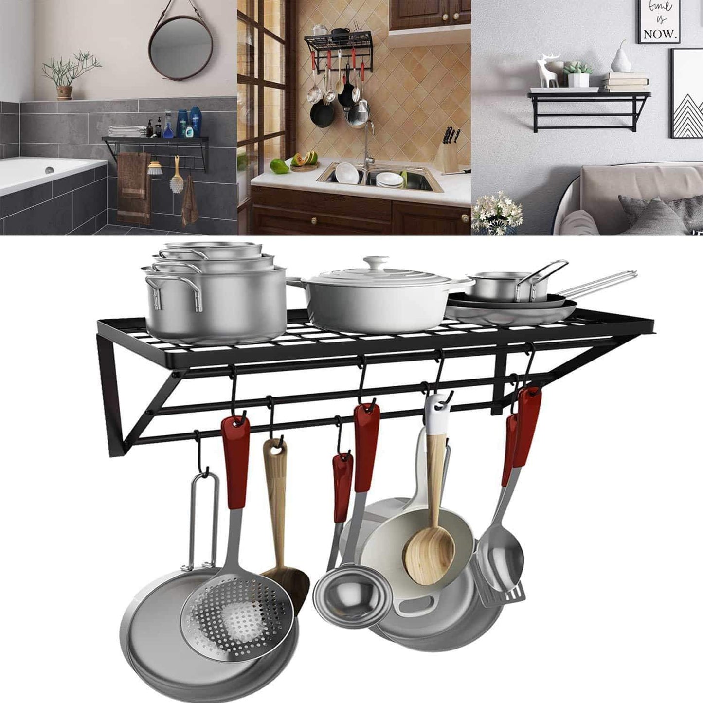 Great kaluo 3 tier hanging wall mount pot rack kitchen storage shelf with 10 hooks for kitchen cookware utensils pans household items