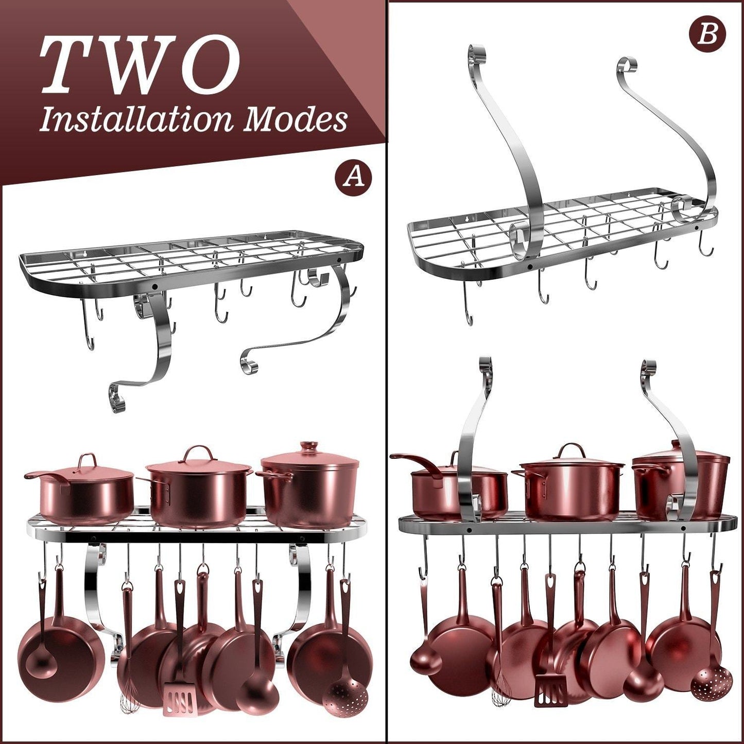 Home vdomus square grid wall mount pot rack bookshelf rack with 10 hooks kitchen cookware 24 by 10 inch sliver