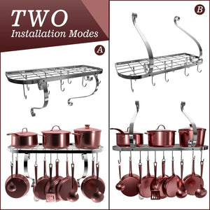 Home vdomus square grid wall mount pot rack bookshelf rack with 10 hooks kitchen cookware 24 by 10 inch sliver