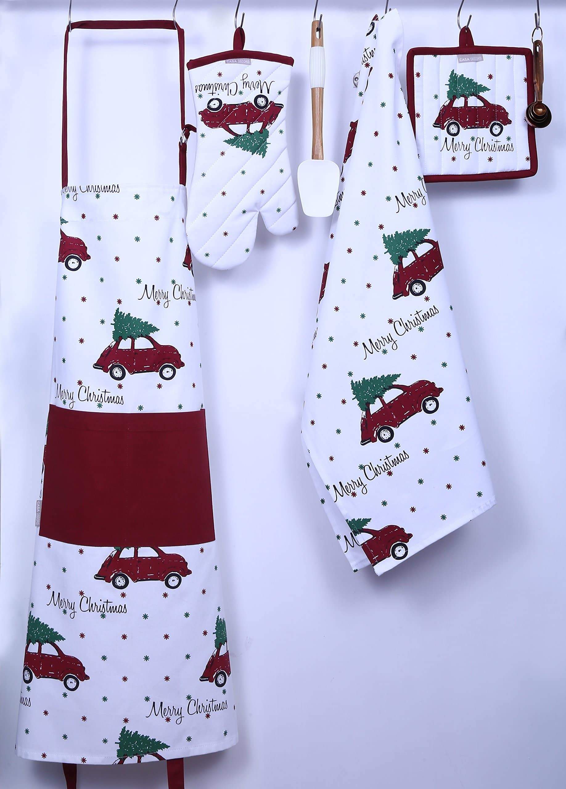 Shop here set of apron oven mitt pot holder pair of kitchen towels in a unique merry christmas design made of 100 cotton eco friendly safe value pack and ideal gift set kitchen linen set by casa decors