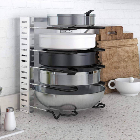 Best lifewit expandable adjustable kitchen cabinet pantry pan and pot lid organizer rack holder 5 tier compartments cupboard bakeware lid plate holder silver and black 1