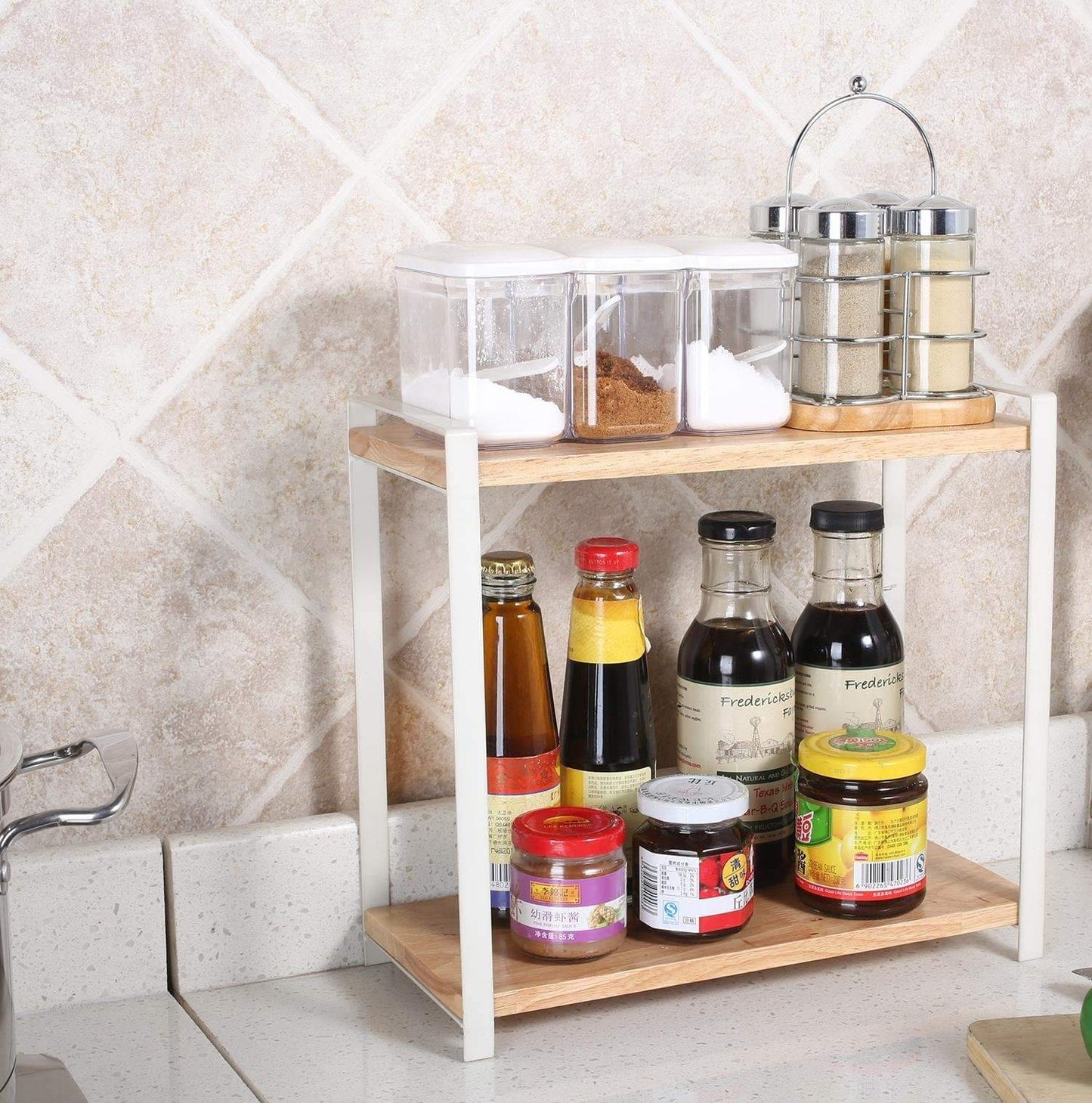 Budget garwarm 2 tiers kitchen natural wooden spice rack standing rack kitchen bathroom bedroom countertop storage organizer spice jars bottle shelf holder rack